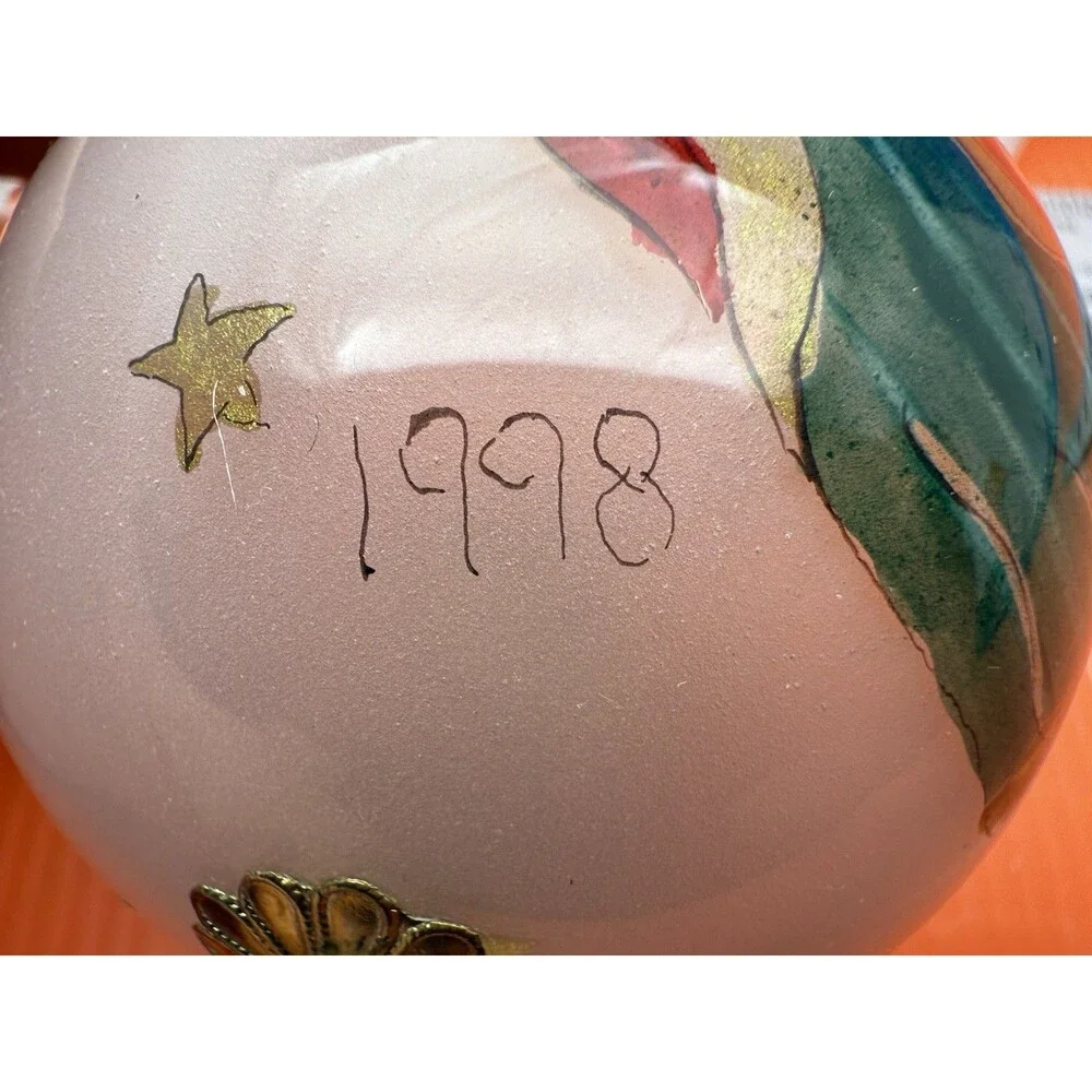 2 LI BIEN Pier One Glass Ornaments Reverse Painted Angels Round 1998 Tear Drop